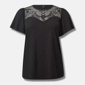 Lace Neck Flutter Sleeve Top by Torrid, black, size 3